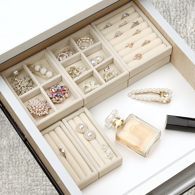 Small Jewelry Tray-Ring Organizer 2PCS Premium Velvet Rings Earrings Display Tray Storage Insert Holder for Jewelry Box, Drawer, Dresser (8 Slots, Beige)