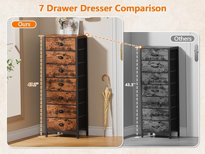 Furnulem Bedroom Dresser with 7 Drawers,Tall Industrial Fabric Chest of Drawers, Vertical Storage Tower Bedside Furniture in Living Room,Closet,Entryway-Sturdy Steel Frame(Rustic Brown)