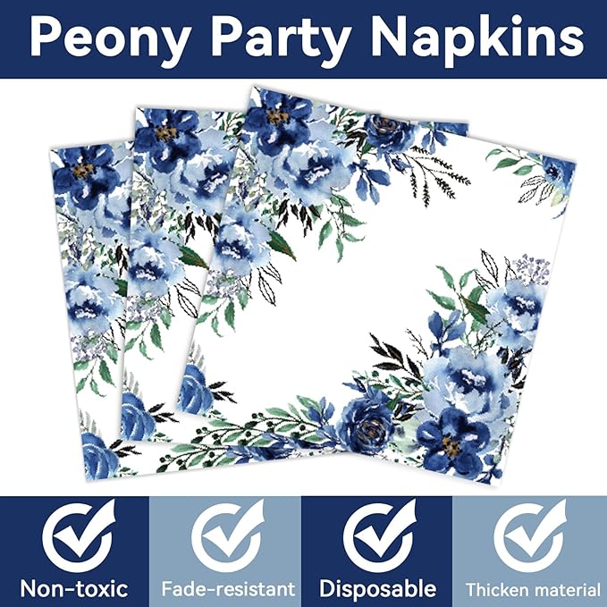96 Pcs Peony Party Plates Napkins Tableware Set Blue Flower Supplies Disposable Dinnerware Navy Floral Party Decoration Favors for Summer Holiday Wedding Bridal Baby Shower Birthday, 24 Guests