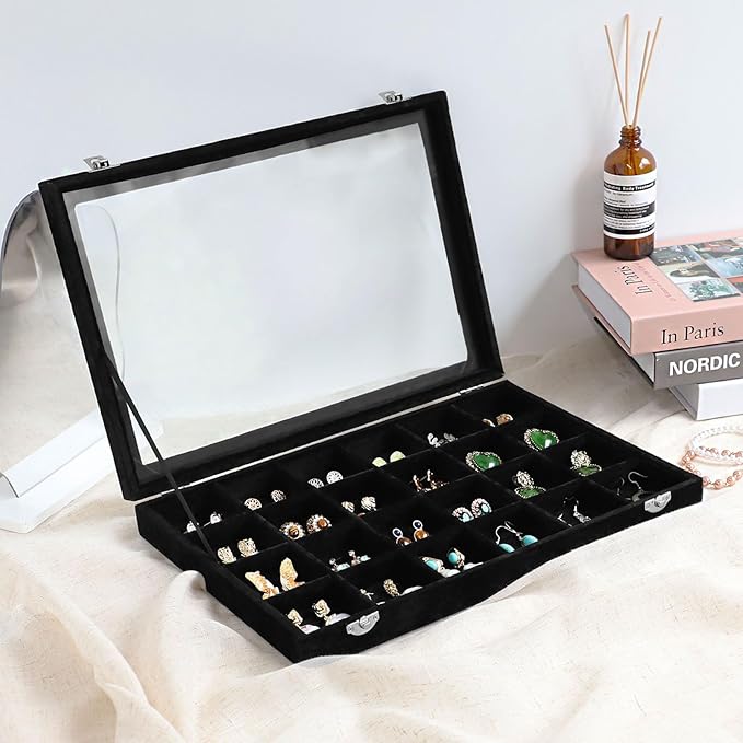 Wudygirl Jewelry Organizer 24 Grid Jewelry Tray with Clear Lid Velvet Jewelry Box Earrings Holder Organizer Jewelry Display Case (Black 24 Grid)