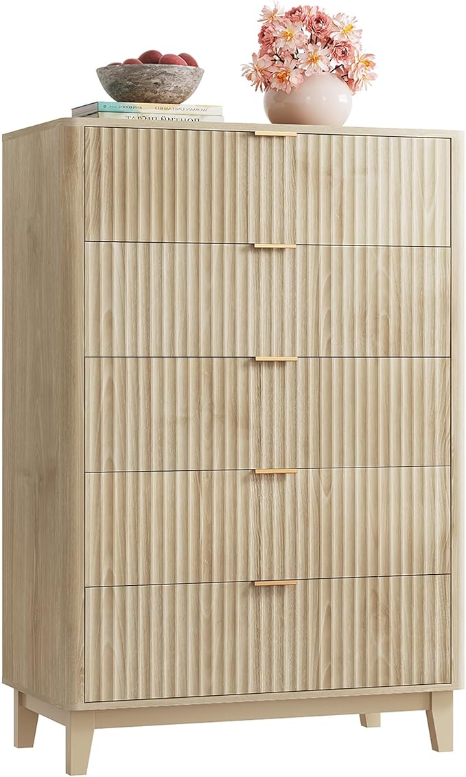 WLIVE Fluted Dresser for Bedroom with 5 Drawers, 46.26" Tall Wood Dresser with Golden Metal Handles, Mid Century Modern Chest of Drawers for Living Room, Hallway, Closet, Natural Oak