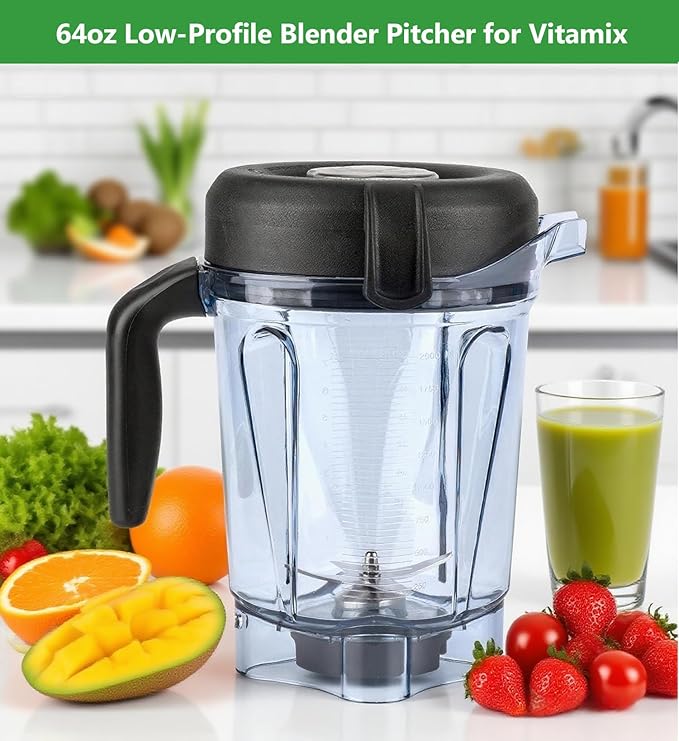 For Vitamix Blender Pitcher 64oz Low-Profile, Replacement Pitcher Container Jar Cup for Vitamix 750, 5200, 5000, 6300, 7500, A3500, Vm0102, Vm0103, Vm0197, E310 Classic/Explorian/Commercial Series
