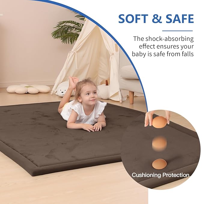 Baby Play Mat for Floor,1.3" Thick Memory foam Tummy Time Mat,79"×158“Extra Large Soft Velvet Nursery Rug,Non Slip Safe for Crawling,Toddlers,Infants,kids,Tatami Style for Living Room(Dark Brown)