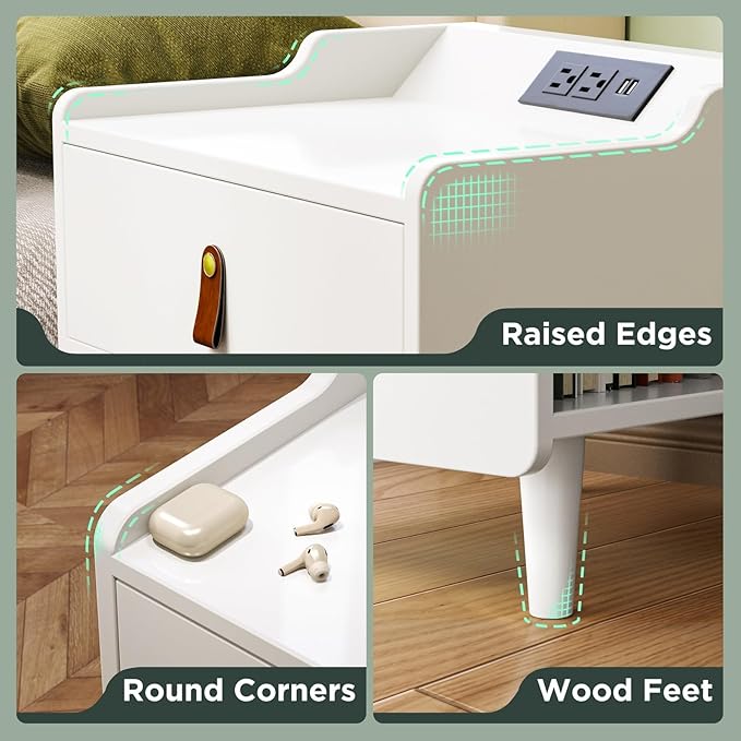White Nightstand with Charging Station, Night Stand with Drawer and Leather Pull, Modern Bedside Table with Raised Edges& Wood Feet, Bed Side Table Bedroom End Table