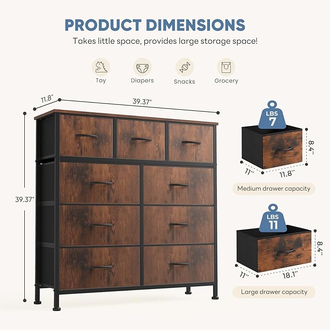 DUMOS 9 Drawer Dresser for Bedroom, Fabric Storage Organizer with Sturdy Metal Frame, Wooden Top Chest of Drawers for Closet Nursery Entryway Guest Room,Cocoa Brown