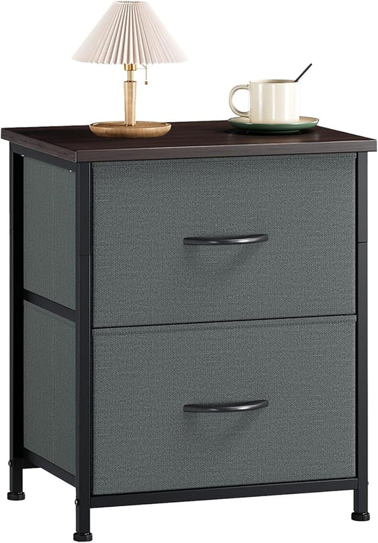Somdot Nightstand with 2 Drawers, Bedside Table Small Dresser with Removable Fabric Bins for Bedroom Nursery Closet Living Room - Sturdy Steel Frame, Wood Top, Pull Handle - Charcoal Grey