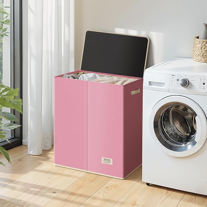 SOLEDI Large Double Laundry Hamper with Lid, Collapsible Clothes Hamper 2 section with Removable Bags, Space-Saving Laundry Basket for Bedroom, Dorm, College