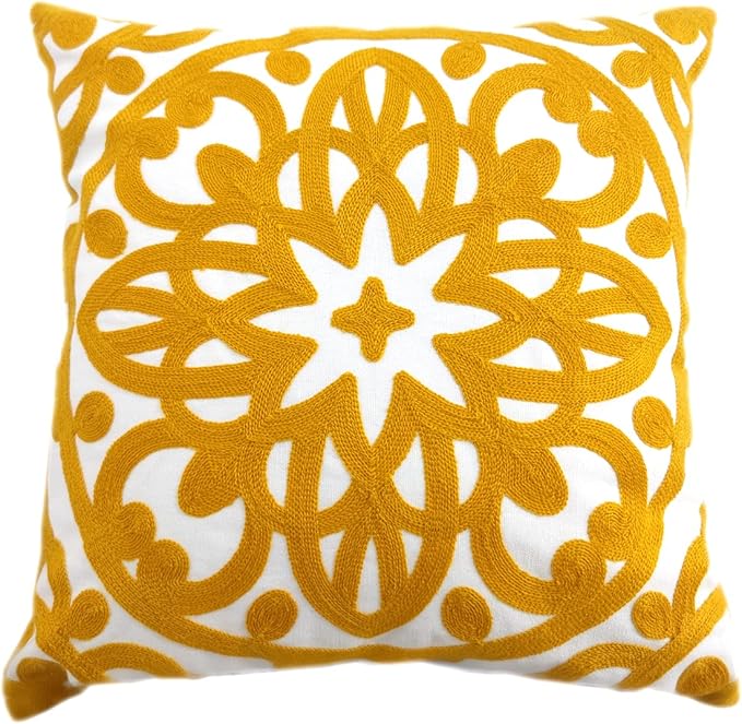 Alysheer Embroidered Decorative Throw Pillow Cover 18x18 inch, Cozy Warm Mandala Knit Pattern, Soft 100% Cotton Canvas Mustard Yellow Cushion Case for Sofa Couch Living Room Gifts (Gold)