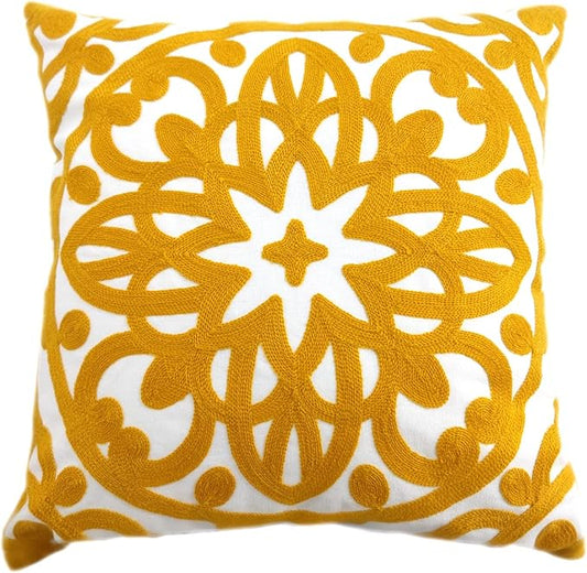 Alysheer Embroidered Decorative Throw Pillow Cover 18x18 inch, Cozy Warm Mandala Knit Pattern, Soft 100% Cotton Canvas Mustard Yellow Cushion Case for Sofa Couch Living Room Gifts (Gold)
