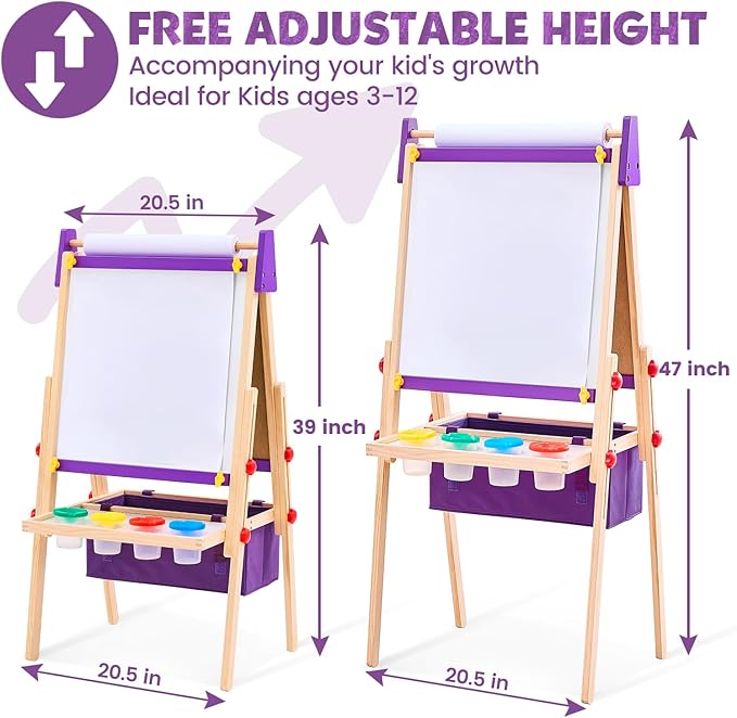 Easel for Kids, Adjustable Standing Art Easel with Magnetic Chalkboard & Whiteboard, Dry-Erase Board, Paper Roll, Drawing & Painting Easel for Kids Ages 3 4-8 9-12, Purple w/Bag