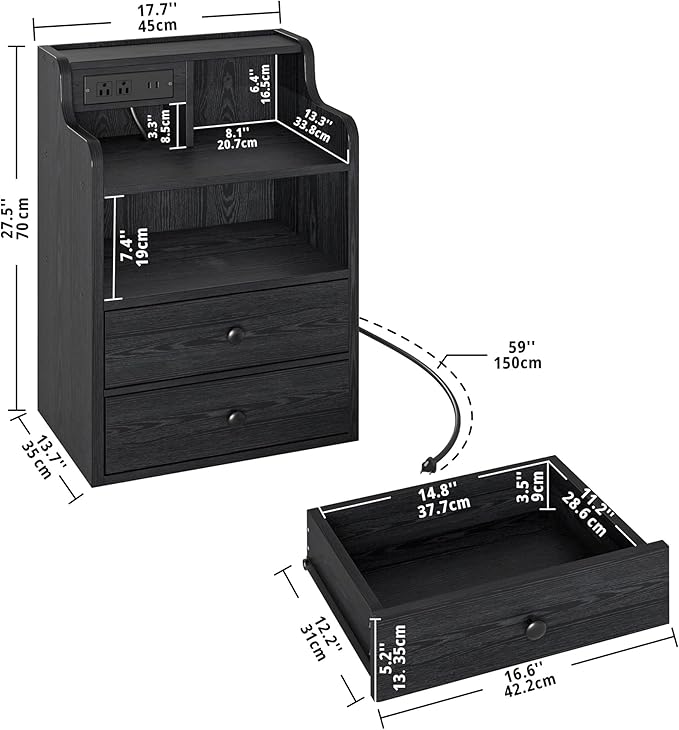 LIKIMIO Black Nightstand with LED Charging Station 2 Drawers and Storage Shelves, Left and Right Interchangeable Sockets Bed Side Table Night Stand with Drawer