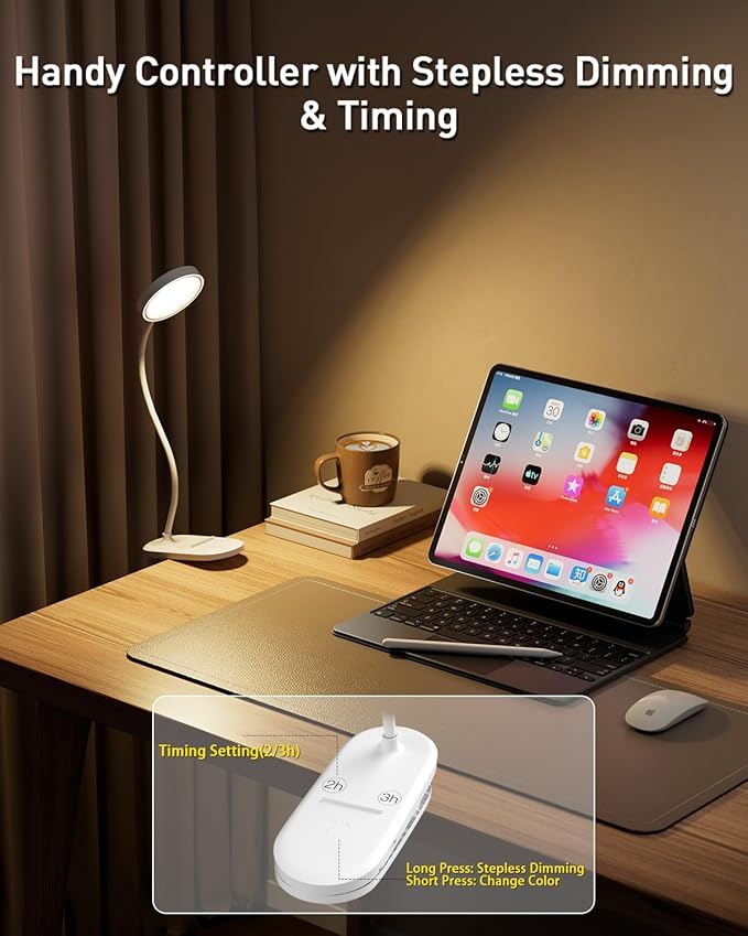 Diomart Reading Lights for Books in Bed, LED Desk Lamp with Clamp, Clip on LED Night Light with Timer & Dimmable, Rechargeable Eye Care Red Night Light for Desk, Studying, Kids, Headboard