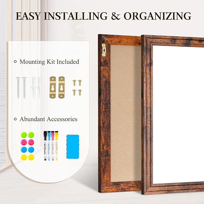 4 THOUGHT Dry Erase Board, 24" x 18" Magnetic Whiteboard Brown Vintage Wood Frame Wall-Mounted White Board Decorative Notice Board School, Office, Home, 6 Magnets 4 Markers 1 Eraser