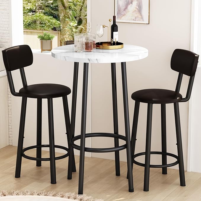 Dining Table Set, 23.6" Round Faux Marble Table with 2 PU Upholstered Backrest Chairs, 3-Piece Kitchen Dining Room Set for Small Spaces, Kitchen, Restaurant Furniture, White