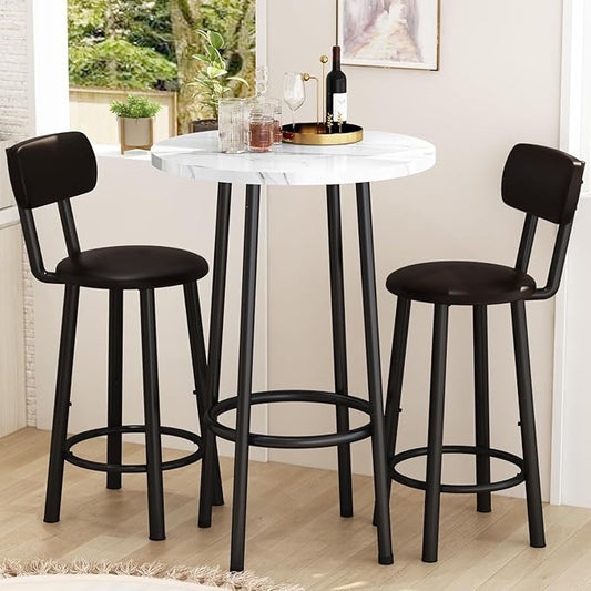 Dining Table Set, 23.6" Round Faux Marble Table with 2 PU Upholstered Backrest Chairs, 3-Piece Kitchen Dining Room Set for Small Spaces, Kitchen, Restaurant Furniture, White