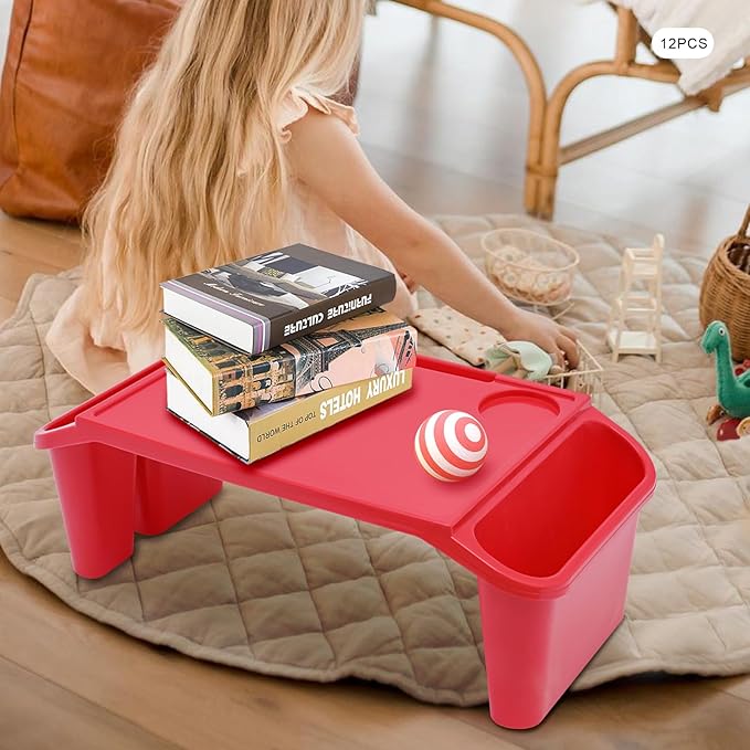 Set of 12 Kids Lap Desk Tray, Portable Activity Table, Plastic, Stackable for Drawing, Writing, Eating, Classroom, 19.69" L x 9.84" W x 7.09" H, Red