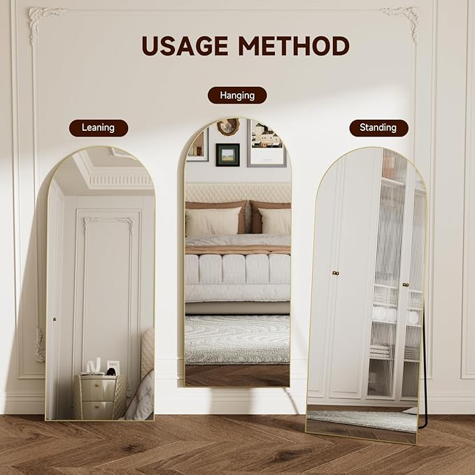 Arched Full Length Mirror 71"x28", Gold Tempered Glass Wall Hanging Mounted Body Length Mirrors with Stand, Large Floor Aluminum Alloy Thin Frame