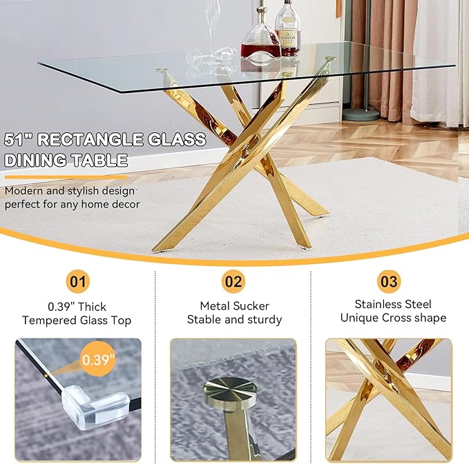 Goujxcy 51" Glass Dining Table Set for 4, Modern Kitchen Table and Chairs Set w/Steel Legs, 5-Piece Dining Table Set w/Glass Gold Dining Table and 4 Green Velvet Chairs for Kitchen Dining Room