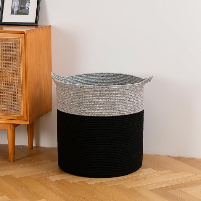 Laundry Basket, 100L Large Laundry Hamper, Tall Woven Rope Storage Basket for Blanket Toys Pillows Towels, Baby Nursery Hamper Bin for Living Room, Bedroom (Black & Grey)