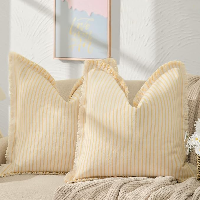ZWJD Throw Pillow Covers 16x16 Set of 2 Striped Pillow Covers with Fringe Chic Cotton Decorative Pillows Square Cushion Covers for Sofa Couch Bed Living Room Farmhouse Decor