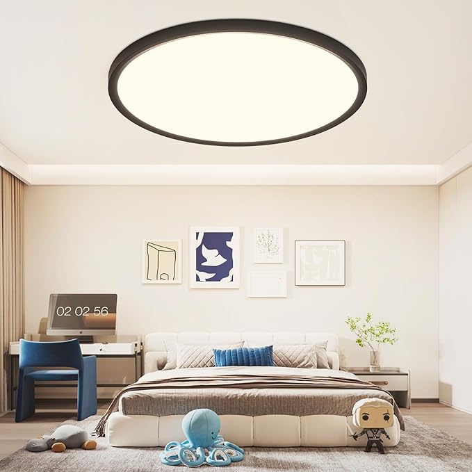20 Inch Dimmable LED Ceiling Light Fixture, Ultra Thin Flush Mount, 40W 4000Lumen, 3 Color Changeable, Round, Black, for Dining Room, Kitchen, Bedroom, Office, Hotel