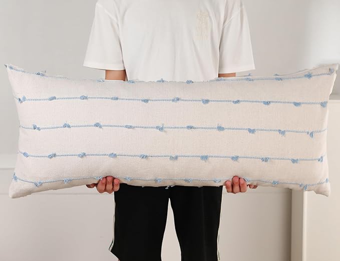 Long Lumbar Throw Pillow Cover 14x36,Stripe Pattern Cotton Blue Boho Extra Long Decorative Pillow Cover Pillow Case Cushion Cover for Bed Sofa Couch Farmhouse,Skinny Modern Accent