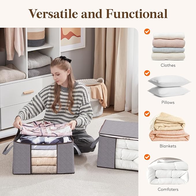 Lifewit 6 Pack Clothes Storage, Foldable Storage and Organization, Storage Bins with Lids, Blanket Storage with Clear Window, Closet Storage with Reinforced Handles for Clothing, Bedding, Light Gray