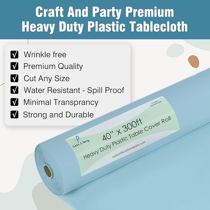 Craft And Party Light Blue Plastic Table Cover Roll, 40Inch X 300Feet Disposable Plastic Tablecloth, Banquet Rectangle Tablecover Roll