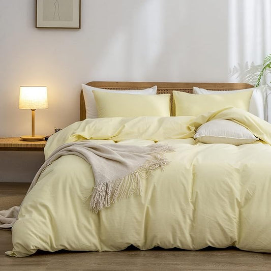 BESTOUCH Duvet Cover Set 100% Washed Cotton Linen Feel Super Soft Comfortable Chic Lightweight 2 PCs Home Bedding Set Solid Light Yellow Twin/Twin XL