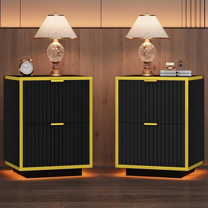 Black Nightstand Set of 2 with LED Lights, Bedside Table with 2 Fluted Drawers, Modern End Table with Golden Handles, 18 Inch Night Stand with Storage for Bedroom, Set of 2, Black and Gold