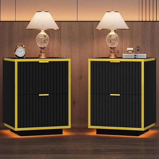 Black Nightstand Set of 2 with LED Lights, Bedside Table with 2 Fluted Drawers, Modern End Table with Golden Handles, 18 Inch Night Stand with Storage for Bedroom, Set of 2, Black and Gold