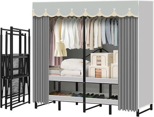 Portable Closet Rack Heavy-Duty Foldable Garment Racks with Cover 1200lbs Enclosed Wardrobe Closet with Independent Area for Hanging Clothes Storaging of Bedding (66in*20in*67in)