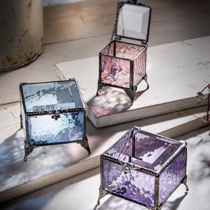 Personalized Purple Glass Box Decorative Vanity Display Case Storage Jewelry Organizer Keepsake Gift for Her Girl Women Purple Vintage Decor J Devlin Ellen Box 836 EB245
