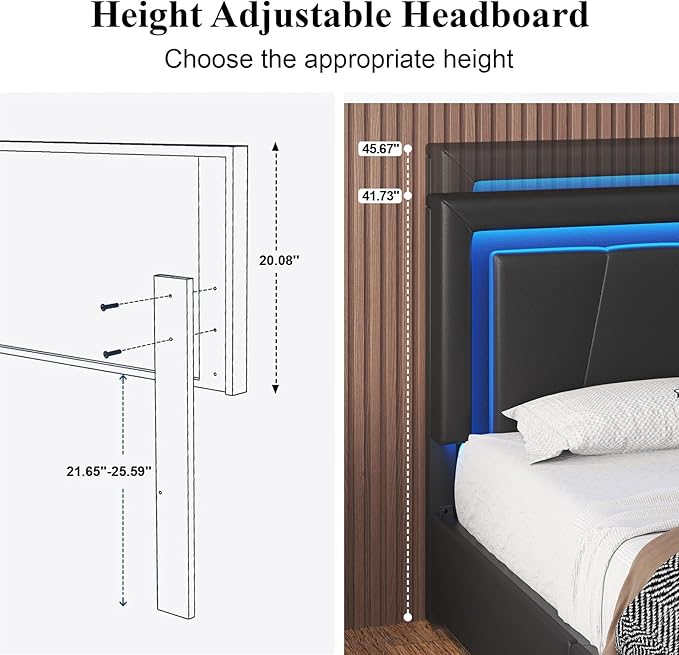 Full Size Bed Frame with 4 Storage Drawers and LED Lights, Upholstered Platform Bed with Adjustable Headboard and Charging Station, Metal Slats Support, No Box Spring Needed,Easy Assembly, Black