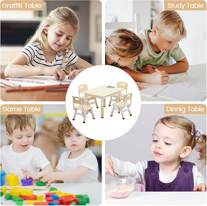 GAOMON Kids Table and 4 Chairs Set, Height Adjustable Toddler Table and Chairs Set for Ages 2-10, Graffiti Desktop, Non-Slip Legs, Children Table for Daycare Home