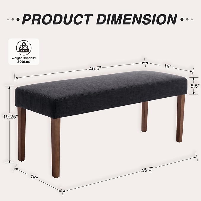 Farmhouse Upholstered Dining Bench Seat Set of 2, 45" Linen Entryway Bench with Natural Wood Legs, Mid Century Modern End of Bed Bench for Kitchen Bedroom Living Room Hallway, Charcoal