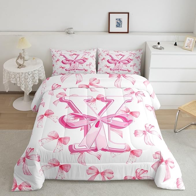 jejeloiu Kids Girls Cute Pink Bow Comforter Set Twin Size Monogrammed Bedding Set Ultra Soft Personalized Initial Y Duvet Quilt Coquette Bow Knot Quilt Set Room Decor Modern Fashion Comforter