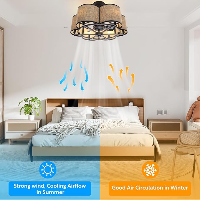 Ceiling Fans with 6-Bulb Lights and Remote, Flower Shaped Ceiling Light with 6 Adjustable Speed and for Bedroom, Kitchen and Living Room, Fabric Shade