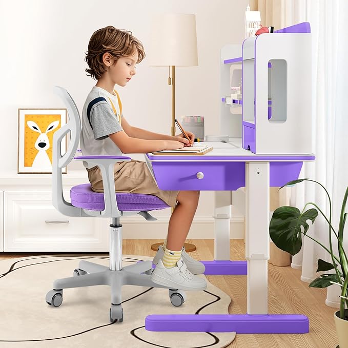 Giantex Kids Desk Chair, Children Computer Chair with Wheels and Y-Shaped Lumbar Support, Mesh Kids Office Chair, Height Adjustable Desk Chair for Girls Boys Aged 4-13, Purple