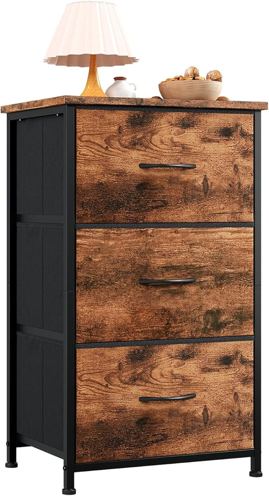 Somdot Small Dresser for Bedroom with 3 Drawers, Nightstand Storage Chest of Drawers with Removable Fabric Bins for Closet Bedside Living Room Laundry Entryway Hallway, Wood Grain Print