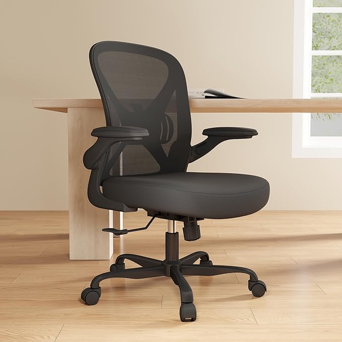 ZZH Mesh Office Chair with Adjustable Lumbar Support, Ergonomic Home Office Desk Chair with Wheels and Flip-up Arms, Black