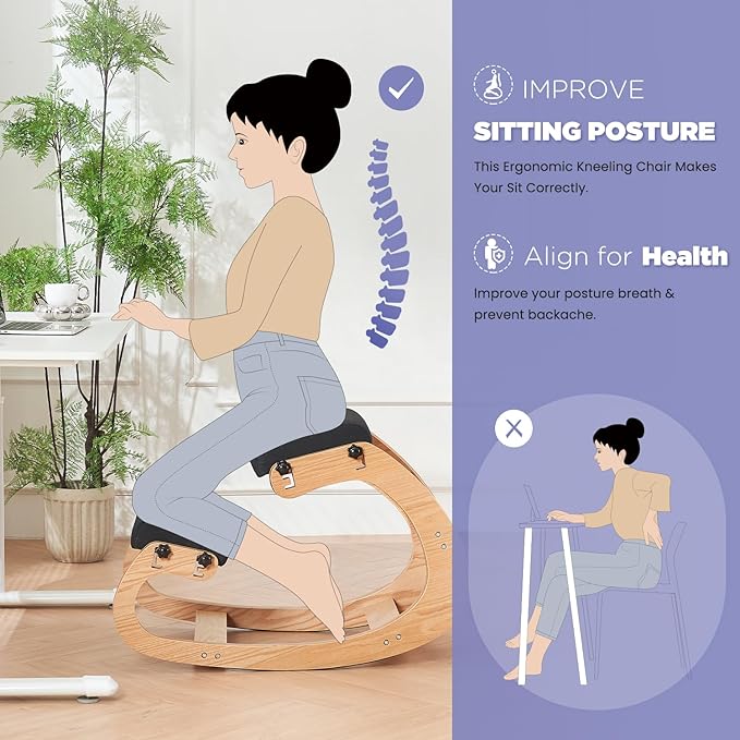 Ergonomic Kneeling Chair,Adjustable Rocking Knee Chair for Home Office,Wooden Office Chair for Back Pain Relief,Black