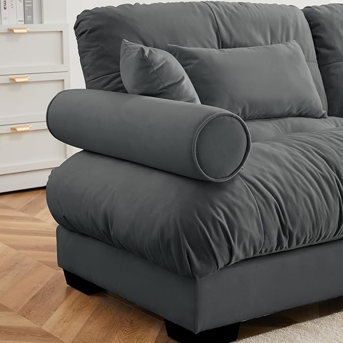 Ball & Cast 93.7" Oversized Modular Sectional Sofa 2-Seater Cloud Couch with Waist Pillows and Throw Pillows,Velvet Loveseat w/Bolstered Armrests,for Living Room,Home Theater,Apartment,Velvet,Grey