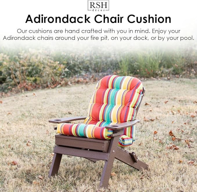RSH DECOR: Tufted Adirondack Chair Cushion | 42.5” x 21” | All-Weather Spun Fabric | Water and Fade-Resistant | Outdoor Cushion for Patio Furniture | Coral & White Stripe