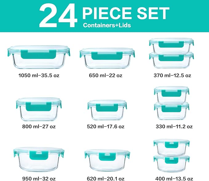 M MCIRCO 24-Piece Glass Food Storage Containers with Locking Lids,Glass Meal Prep Containers Set - Airtight Lunch Containers, Microwave, Oven, Freezer and Dishwasher,Green
