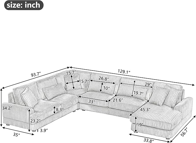 Oversized Sectional Sofa Modern U-Shaped Couch Upholstered in Soft Corduroy with a Chaise Lounge for Living Room