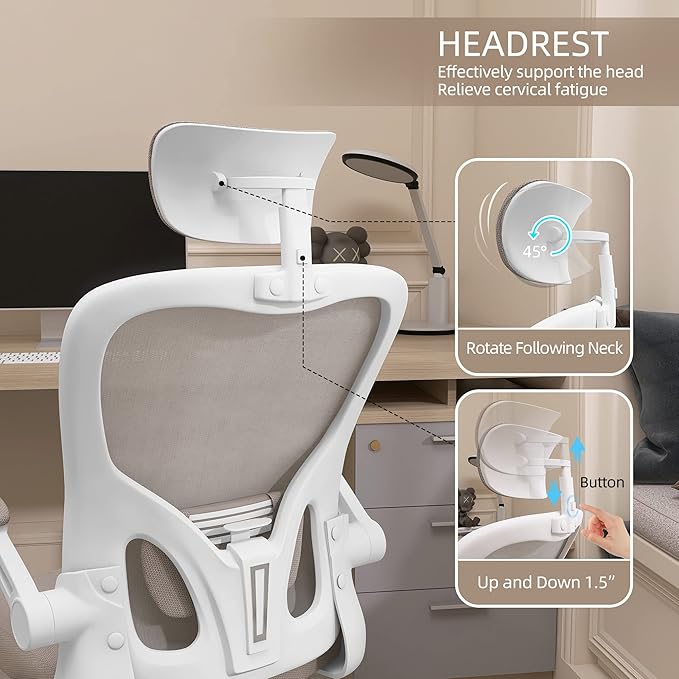 Monhey Office Chair Ergonomic Desk Chair with Lumbar Support&Headrest&Flip-up Arms Height Adjustable Rocking Swivel High Back Computer Chair Warm Taupe Mesh Study Chair (02White+Khaki)