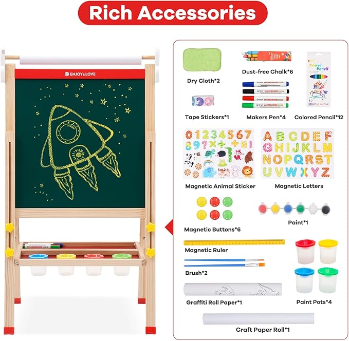 Wooden Art Easel for Kids Ages 2-12,Double-Sided Chalkboard & Whiteboard with Paper Roll,Folding Storage Tray,Gift for Boys & Girls