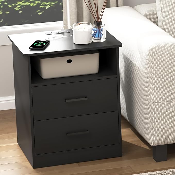 Night Stand with Charger Station, Modern Nightstand with USB Type-C Ports and AC Outlets, Large Bedside Table with 2 Drawers and Open Storage, Wooden End Table for Bedroom (Black, 2 Drawers)
