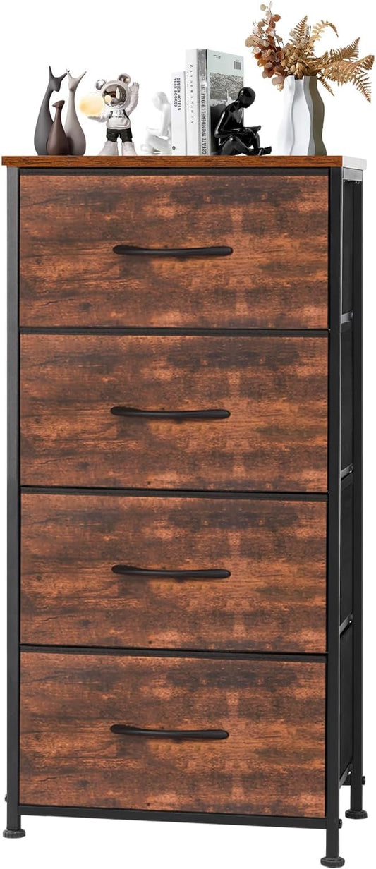 DUMOS Dresser for Bedroom 4 Drawers, Tall Fabric Closet Chests Organizer Tower Furniture with Wooden Top Metal Frame for Nursery, Living Room, Closet, Brown